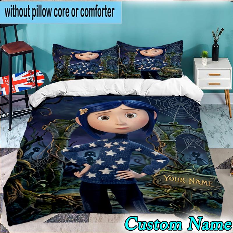 Custom Name 3PCS Mystery Coraline's World Bedding Set,Including Duvet Cover And 2pcs Pillowcases Perfect for Bedroom,Dormitory,Fan Christmas Gift