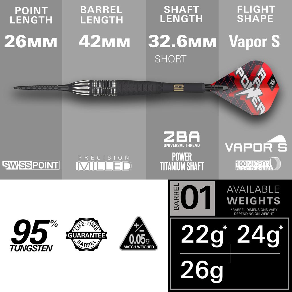 TARGET PHIL TAYLOR POWER G11 22G SP STEEL TIP DARTS 95% (26g)