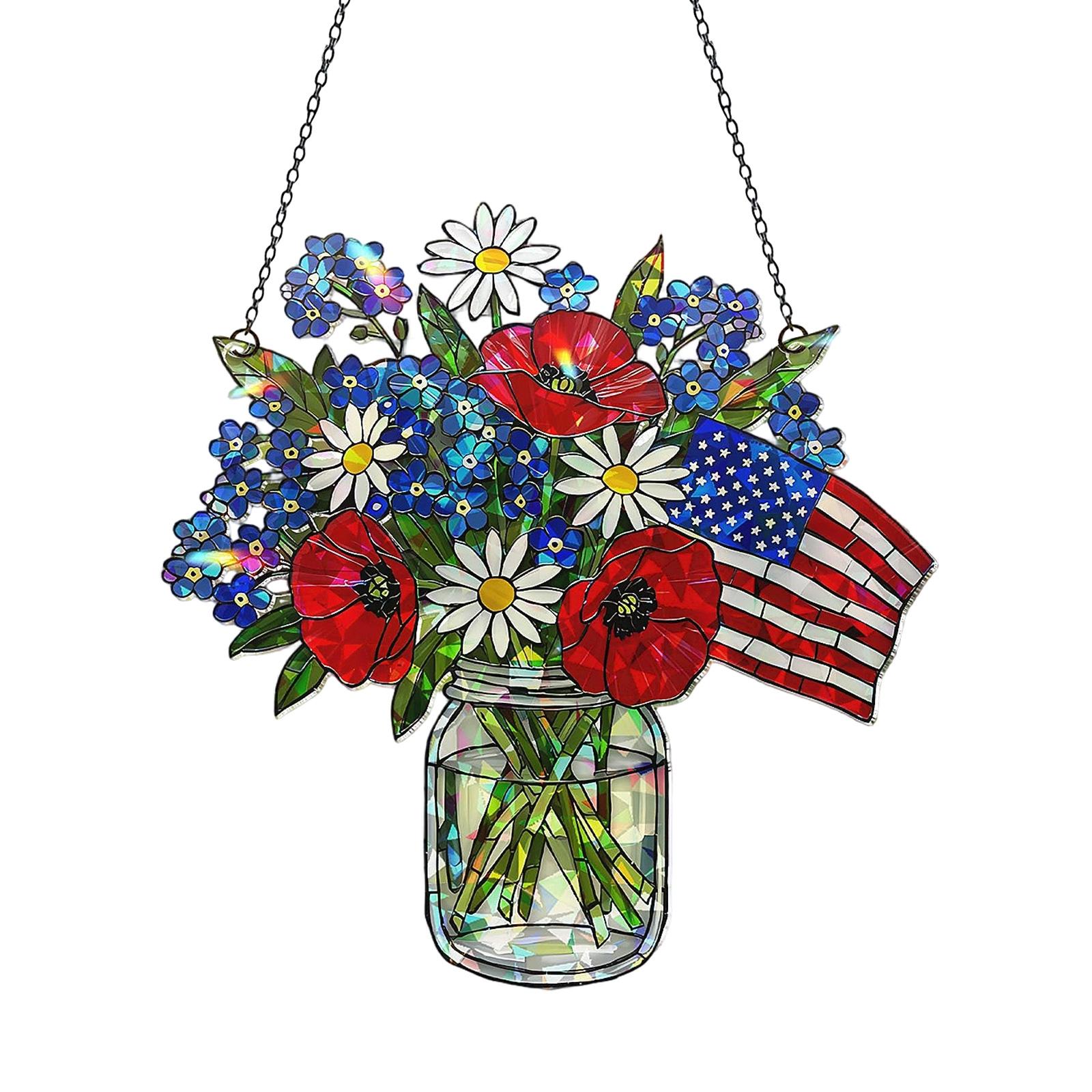 

Acrylic Hanging Decoration with Floral Bouquet and American Flag Design for Home Window or Wall Display Suitable for Various Occasions and Settings