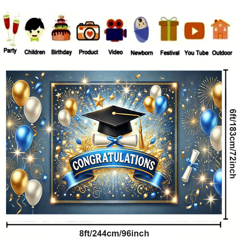 Resistente all'usura Congratulazioni Laureato Sfondo per Foto 8x6 piedi Poliestere 100D Colorato Stendardo con Cappello da Laurea per Feste Indoor Outdoor