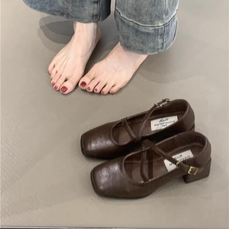 Fashion Square-toe Shallow-mouth Single Shoes Autumn New One-band Non-slip Wear-resistant Block Heel Shoes