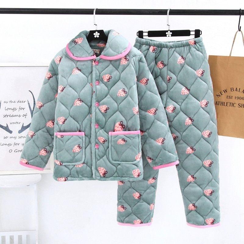 Thickened pajamas women's winter three-layer coral fleece padded cotton can be worn outside, plus sweet loungewear set