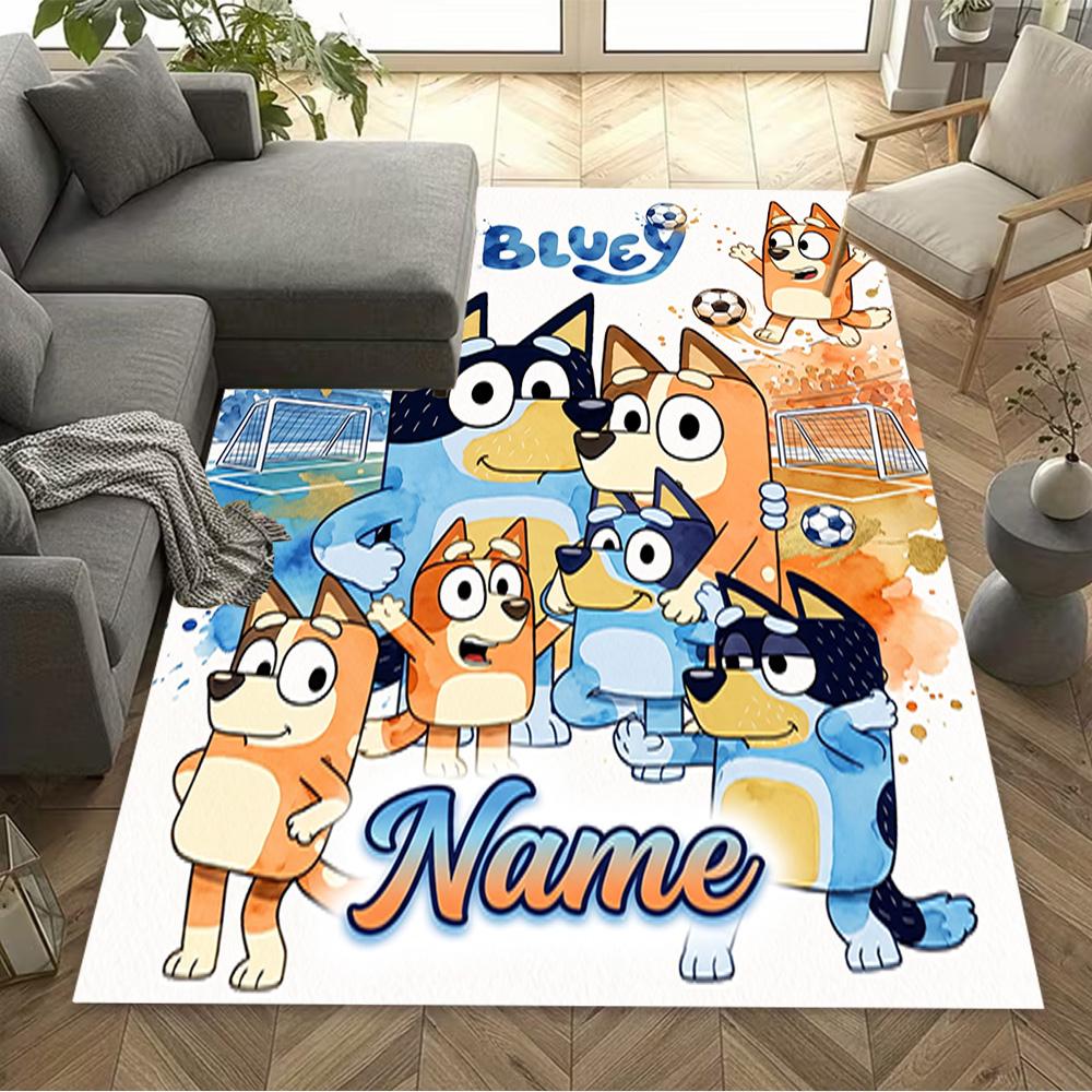 Bluey Soccer Fun Personalized Name Area Rug Design for Dining Room Balcony Dormitory Decorate room Anti-slip Rug Anime Office Decor Best for Christmas