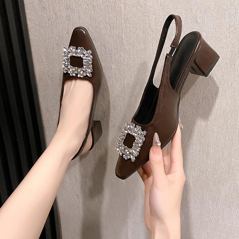 Summer High-quality Women's Sandals New Fashionable Square Buckle Pointed Middle Heel Back Open Comfortable Large-sized Sandals