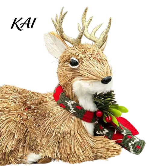 Rustic Festive Home Decor Handmade Straw Deer/Squirrel Christmas Ornaments with Scarf, Retro Pastoral Style Handcrafted Seasonal Gift Items