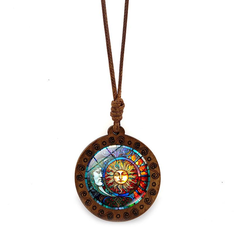 Sun Moon Goddess Time Round Wooden Vintage Brown Wax Rope Jewelry Pendant Necklace