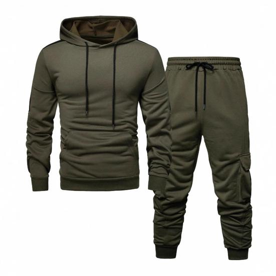 

2Pcs/Set Men Tracksuit Hooded Drawstring Long Sleeve Sweatshirt Multi Pocket Sweatpants Set Ribbed Cuffs Jogging Suit S