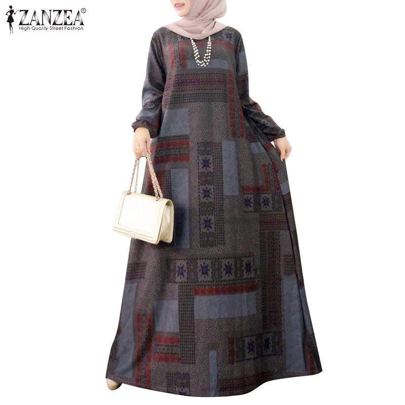 

ZANZEA Women Retro Print Loose Casual Round Neck Long Sleeve Dress S