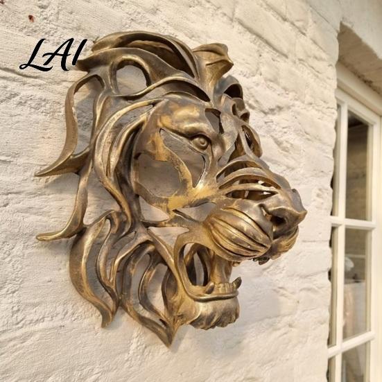 Decorative Wall Mount for Store Lion Sculpture Resin Retro Bronze Art 3D Animal Head Home Ornament Figurine Hollow Hanging Pendant Indoor