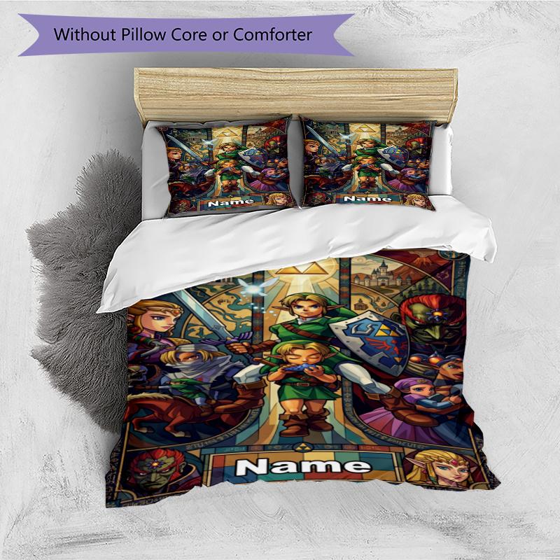 Set cuvertură de pilota 3 buc (1 * Husă de pilota + 2 * Față de pernă, Fără Miez), Set de așternut personalizat cu nume și model The Legend of Zelda, Cadou pentru Decorarea Dormitorului de Acasă