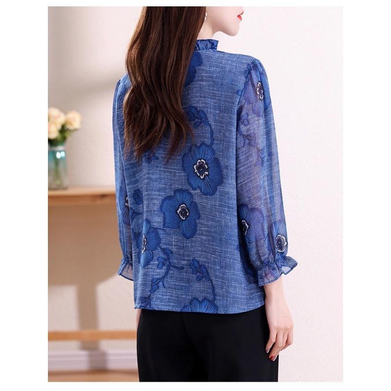 Spring New Fashion Printed Fungus Stand Collar Chiffon Shirt Women's Nine-quarter Sleeves Fashionable and Versatile Age-reducing Shirt