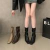 Thick heel square toe black boots women's shoes 2025 new fall and winter fleece brown skinny boots Korean small ankle boots