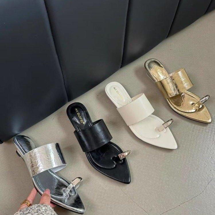French Metal Buckle Silver Casual Toe Slippers Slope Heel Flat Sandals Women's 2025 Spring and Summer New Cool Slippers