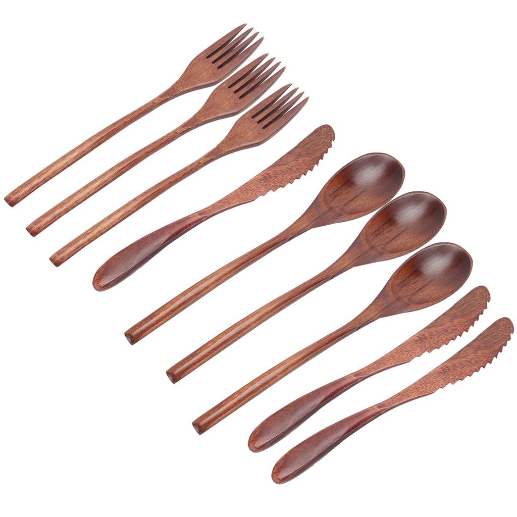 3er Set Geschirr Holzgabel Löffel Messer Set Küchenbesteck für Zuhause Café Restaurant