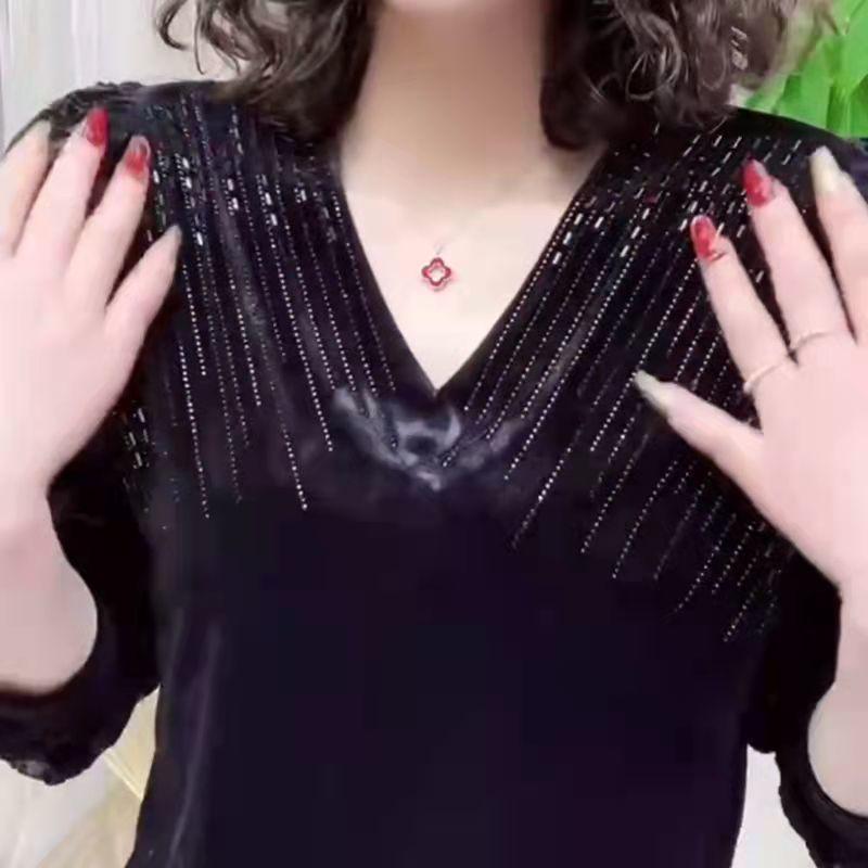 Elegant Black Velvet and Lace Long Sleeve T-Shirt with Sheer Lace Patchwork and Diamond Embellishments