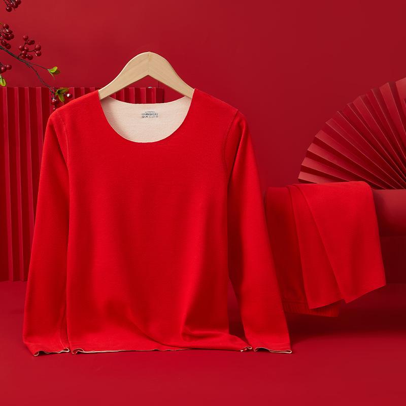 Teplý spodní prádlo Rok draka: Červený bezešvý sametový podzimní oděv pro páry