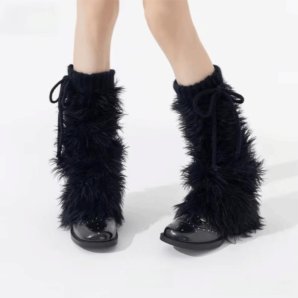 Cozy versatile Leg Guards Furry Y2K Furry Leg Warmers Warm Thickened Harajuku Socks Winter Season for Women One Size чёрный