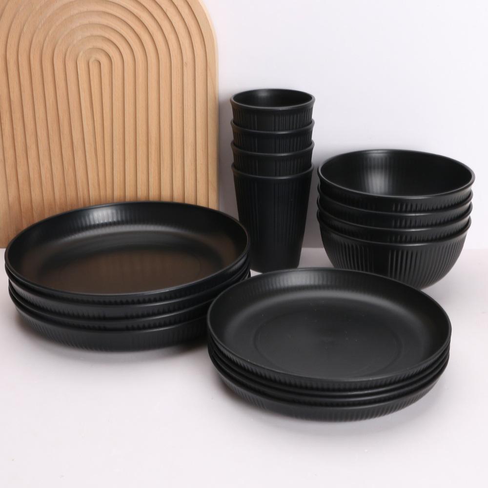 Tiktok Wheat Straw Tableware Set: 16-Piece includes Plates, Bowls, Cups, Saucers, Knives, Forks, and Spoons. Eco-friendly Kitchenware.
