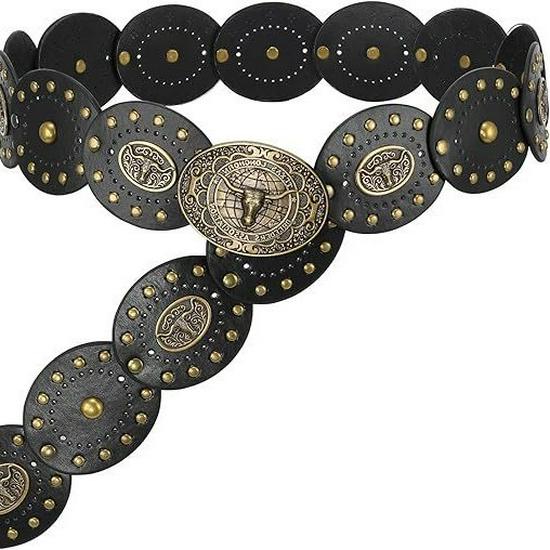 Women's Retro Oval Western-Style Leather Belt with Denim Waistband Decoration