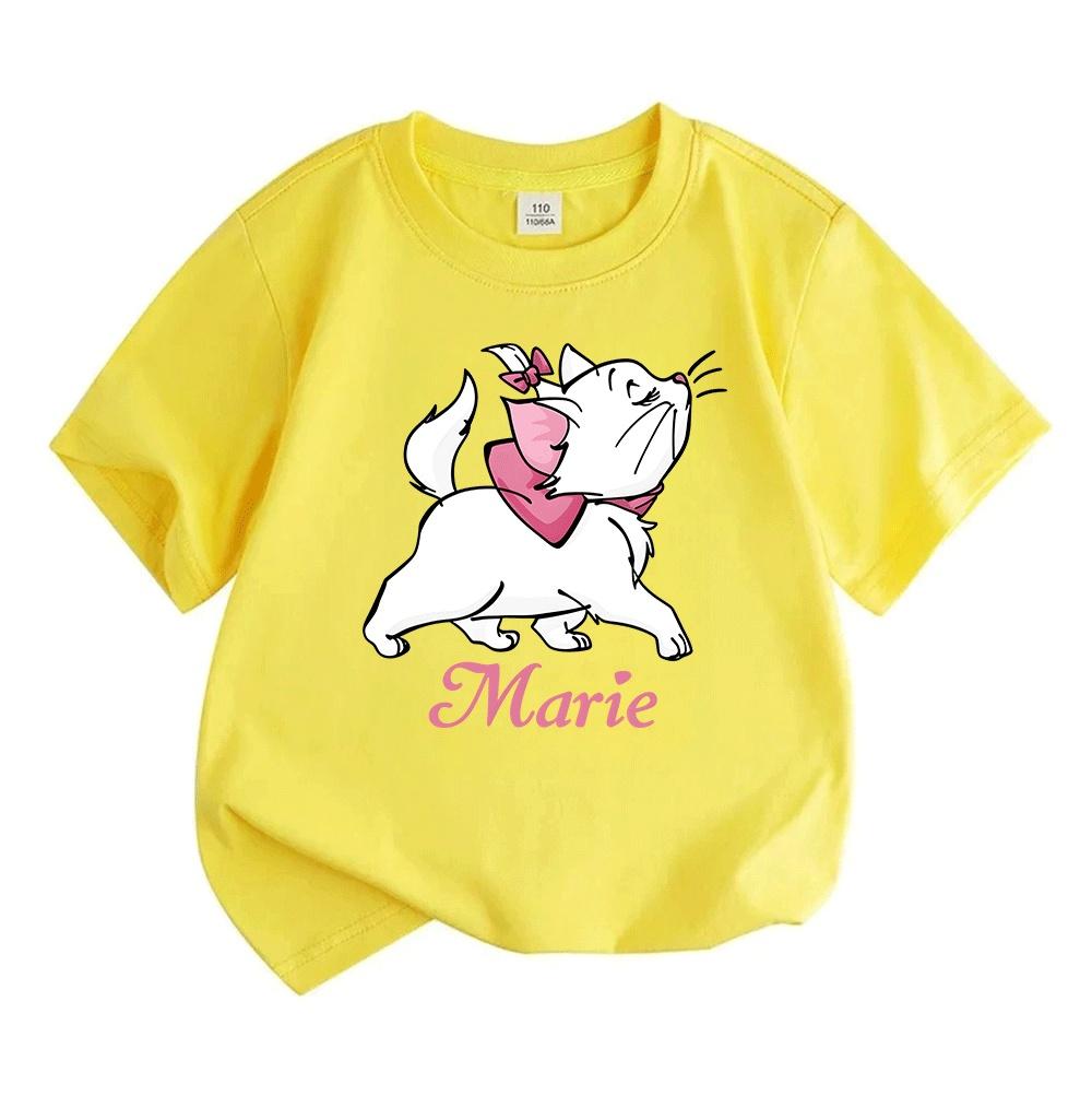 Kids Boys Girls Crew Neck Short Sleeve 100% Cotton T-Shirt, Cute White Cartoon Cat Print Casual Soft Breathable Summer Tee for Daily Wear School Holid