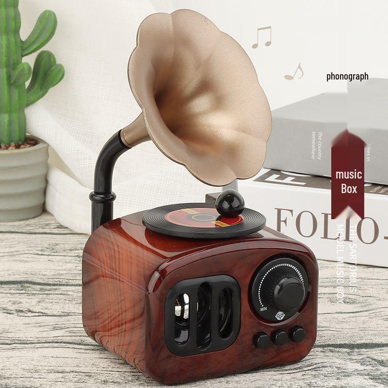 Mini Retro Gramophone Music Box - Rotating Record Player Ornament for Children's Holiday & Living Room Decor