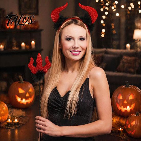 Three Pronged Cane Prop Halloween Red Devil Costume, Glitter Horn Headband And Trident Costume Accessories for Cosplay, Masquerade Party Performance