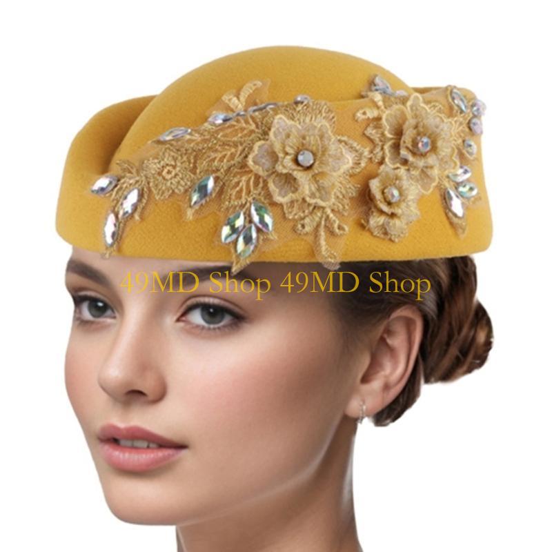 49MD Women 1920s Fascinator Hat Rhinestones Flower Bowler Hat Cocktail Party Headwear жёлтый