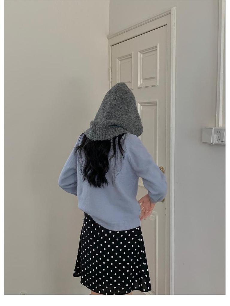 Women's Blue Knitted Wool Balaclava Scarf: Warm Ear Protection for Autumn & Winter