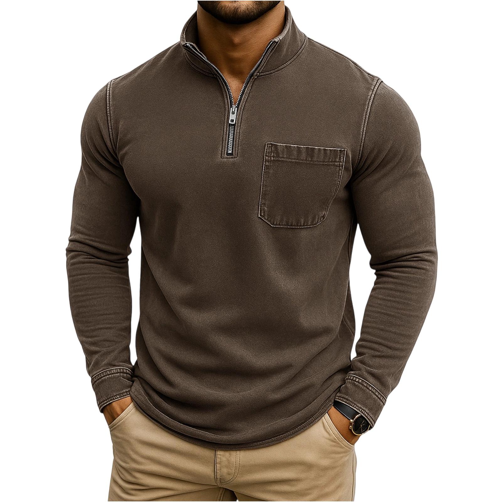 

Men s Fashion Solid Color Retro Casual Washed Outdated Quarter Zipper Pocket Long Sleeve T-shirt Top S кофейный