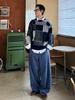[CHANGE WELL] Men's 2025AW Fashionable Oversized Autumn/Winter Vintage-Style Patchwork Design Loose Silhouette Long-Sleeve Knit Sweater (NAVY, M)