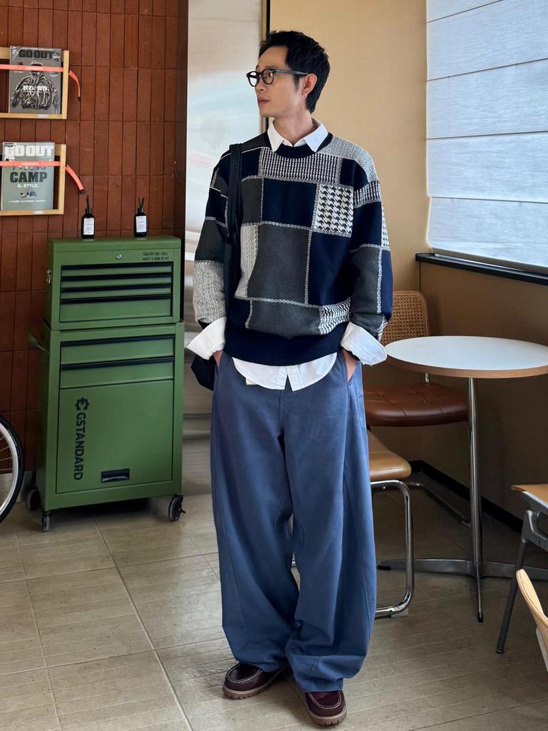 [CHANGE WELL] Men's 2025AW Fashionable Oversized Autumn/Winter Vintage-Style Patchwork Design Loose Silhouette Long-Sleeve Knit Sweater (NAVY, M)
