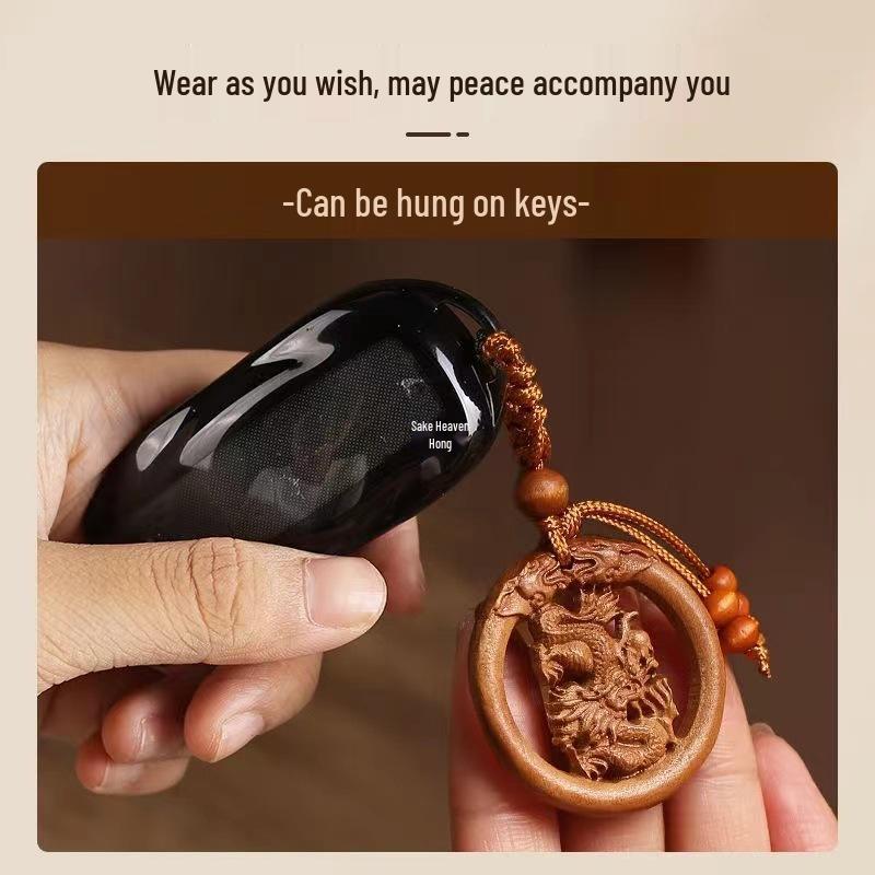Peach Wood Zodiac Keychains: Year of the Dragon Pendant with Rat, Ox, Tiger Carvings - Carry-on Ornament Gift
