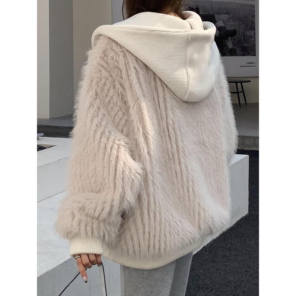 VAYLA Spring Winter Hairy Shaggy Soft Thick Warm Faux Fur Coat Women with Hood Fluffy Jacket Fake 2 Piece Clothes