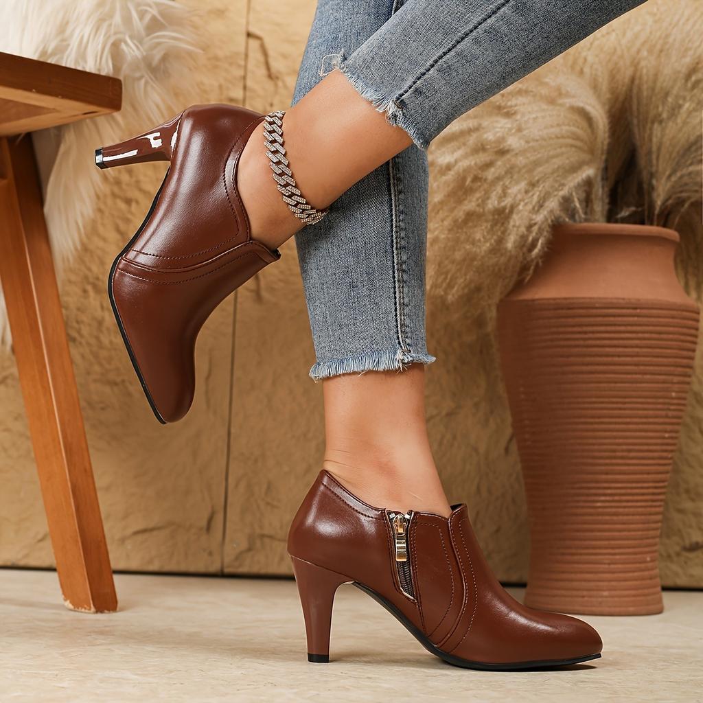 High Heels, Single Shoes, Deep Toe and Ankle Boots, Zippered Small Leather Shoes, Women's Slim Heels, Pointed Toes, Versatile Women's Shoes