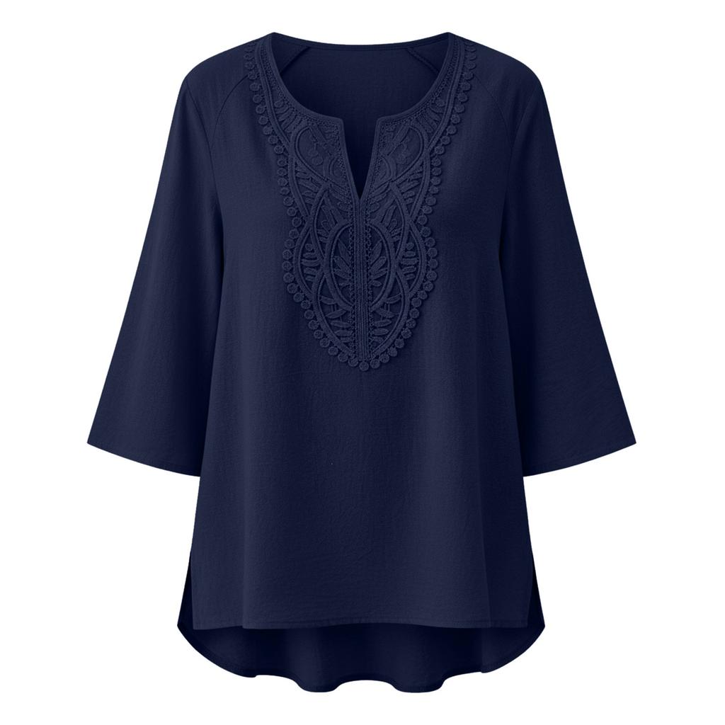 Women Boho Lace Patch Blouse V Neck Tassel Split 3/4 Sleeve Loose Casual Tunic Tops for Spring Summer