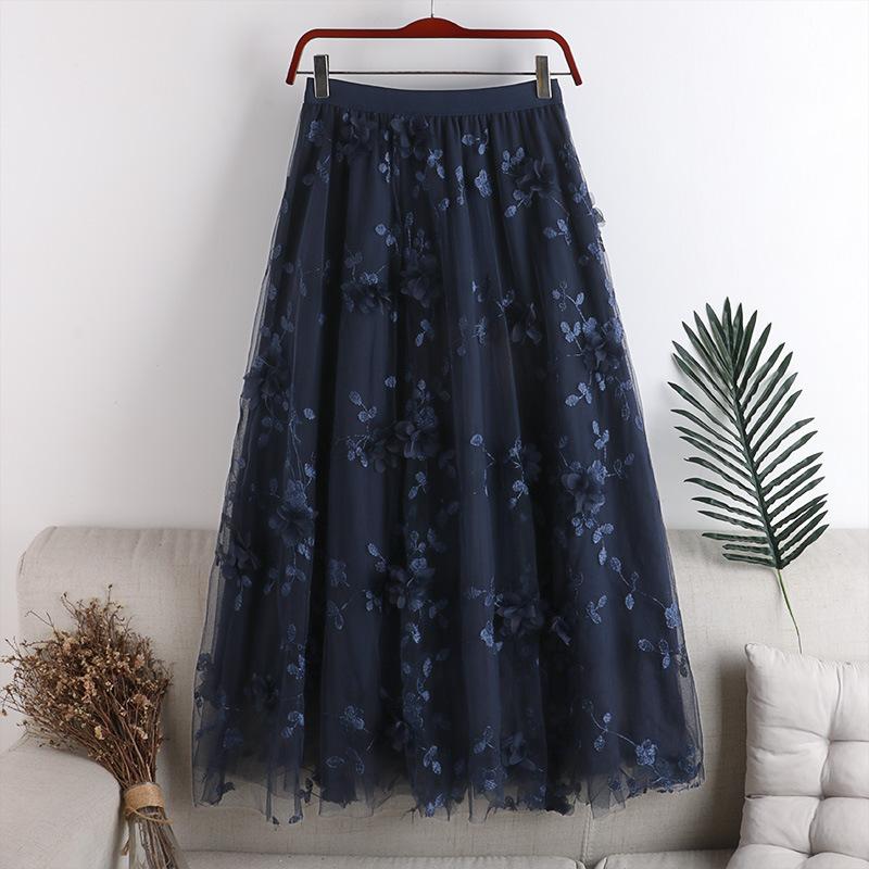 Moda Vita Elastica Applicazioni Ricamo Floreale Gonna Midi a Fiori Casual da Donna Vita Alta Estiva Coreana