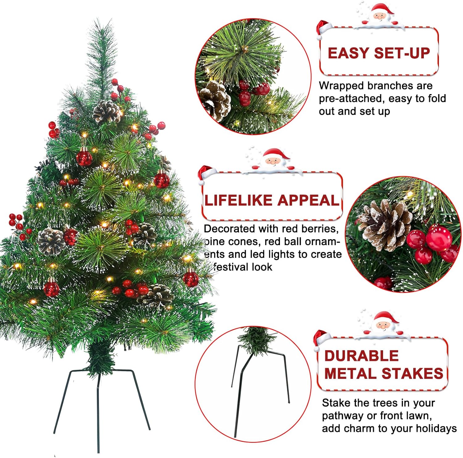 

Набор из 2 искусственных рождественских елок 30 футов с подсветкой, на батарейках, для крыльца, двора, подъездной дорожки, красные украшения 0.6M