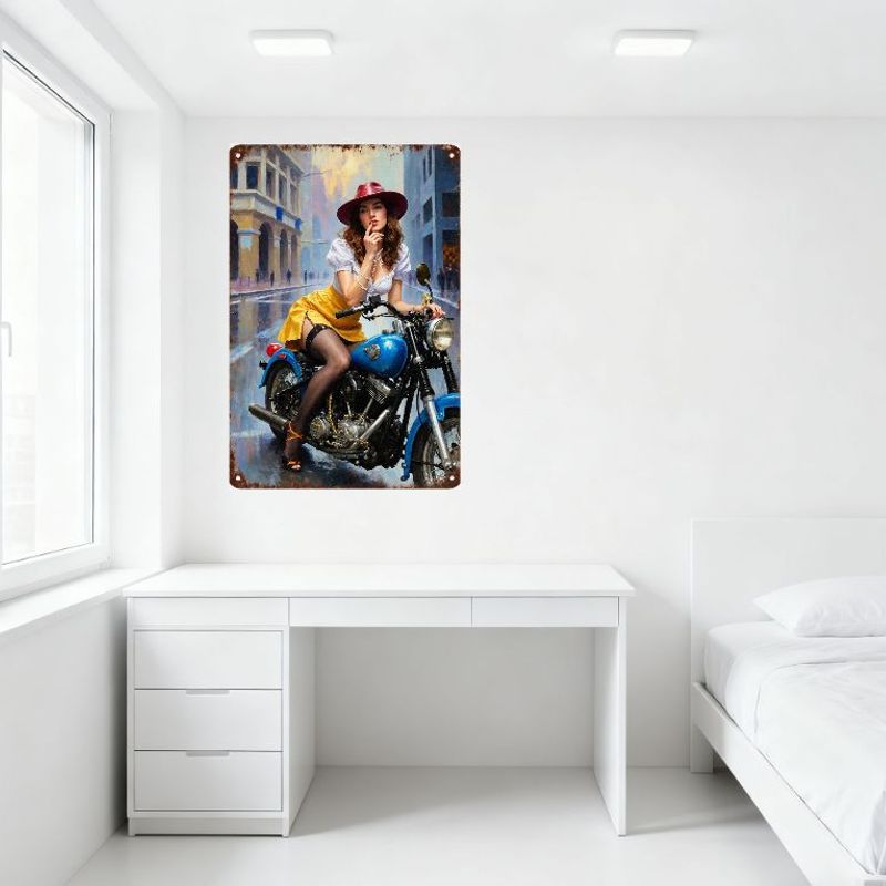 Vintage Metal Sign Woman on Blue Motorcycle Urban Rainy City Scene Retro Aesthetic Home Decor Art Plaque for Bar Cafe Man Cave