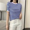 Crew Neck Knitted Striped Short-sleeved Summer New Age-reducing Meat Cover Loose Versatile Half-sleeved Bottoming Shirt Top