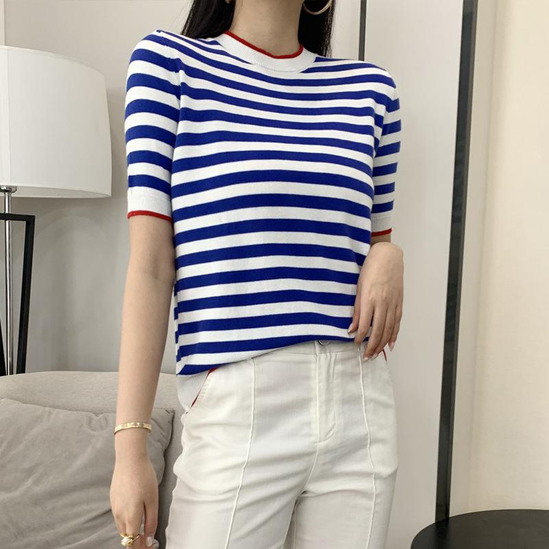 Crew Neck Knitted Striped Short-sleeved Summer New Age-reducing Meat Cover Loose Versatile Half-sleeved Bottoming Shirt Top