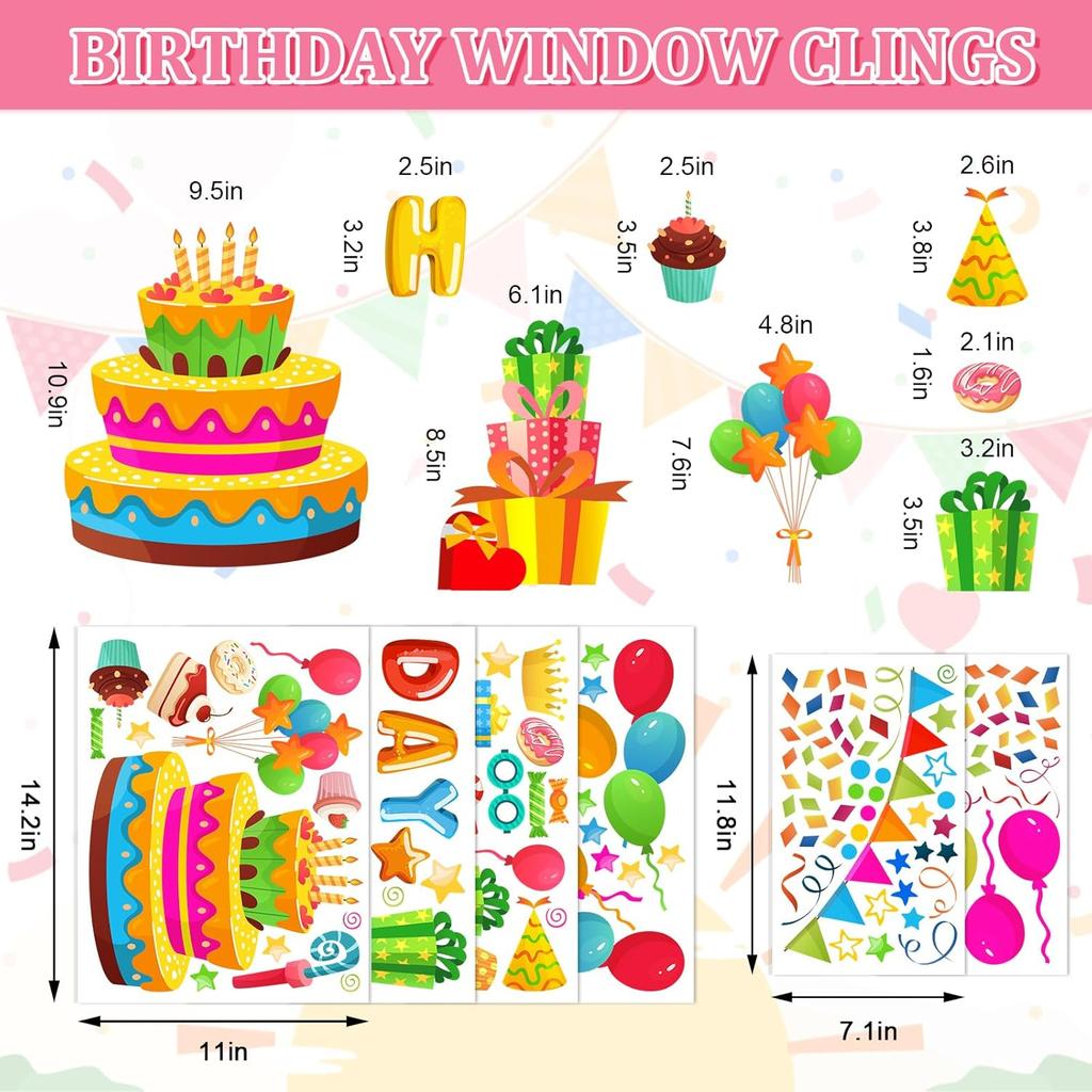 Whaline 6 Sheets Happy Birthday Window Clings Colorful Birthday Cake Balloon Banner Double-Sided Window Stickers for Boys Girls Anniversary Party
