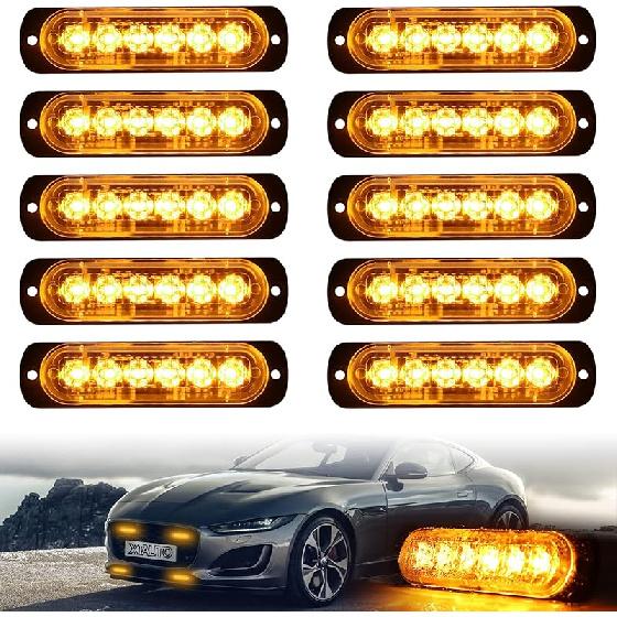 10Pcs LED Emergency Strobe Light, Amber White 6-LED Ultra Slim Surface Mount Flashing Warning Hazard Caution Light Bar For Car Truck Off Road