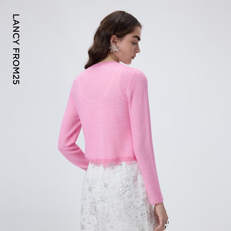 Lanzhi Women's Elegant Round Neck Lace Trim Knit Cardigan