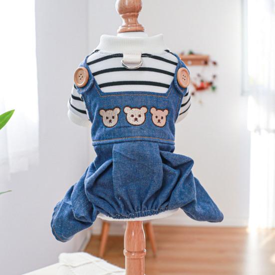 Combinaison Adorable pour Animaux de Compagnie Col Rond avec Anneau de Traction Motif Ours Dessiné Combinaison en Jean pour Chat Chien Animal de Compagnie Port Quotidien