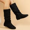 Fashion Faux Suede Mid-calf Boots for Women Plus Size Autumn and Winter Round Toe Side Zipper Pleated Flat Boots Botas Mujer