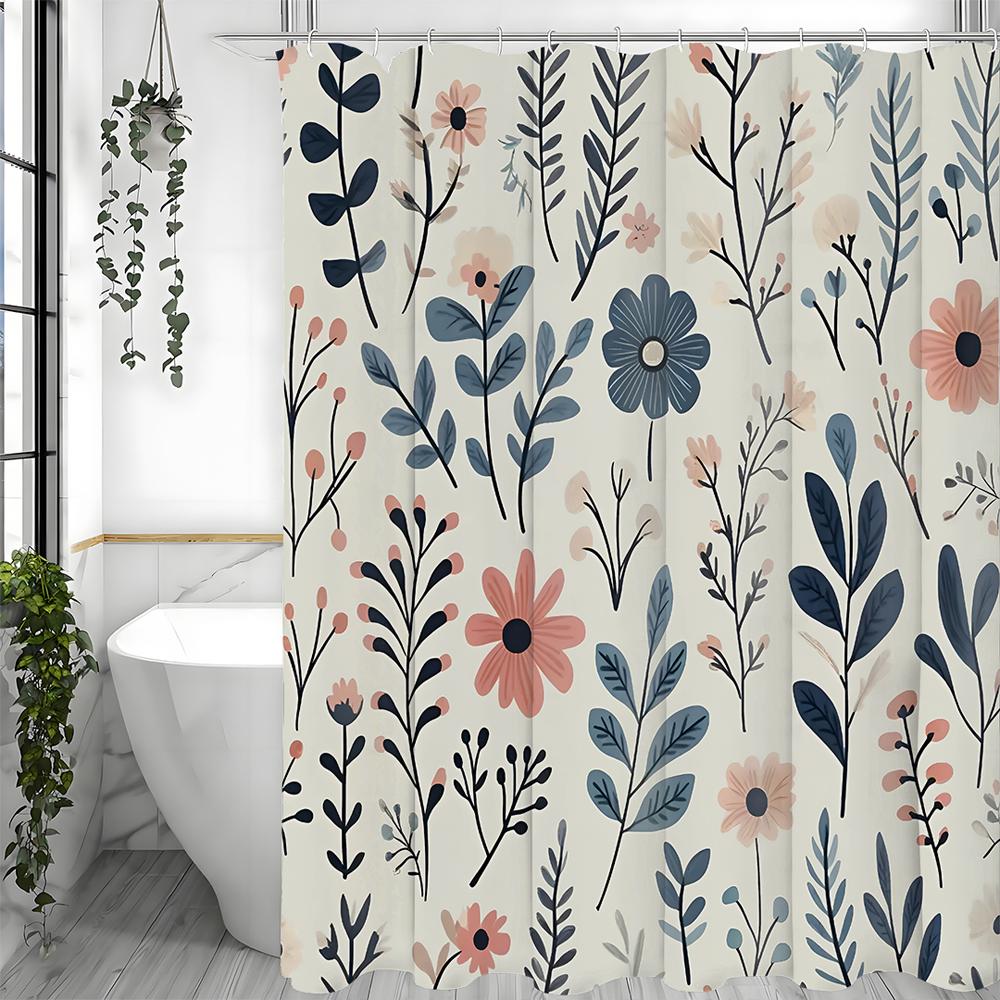 Rustic Style Floral Plant Shower Curtain, Bathroom Decorative Shower Curtain, Waterproof Shower Curtain with Hooks