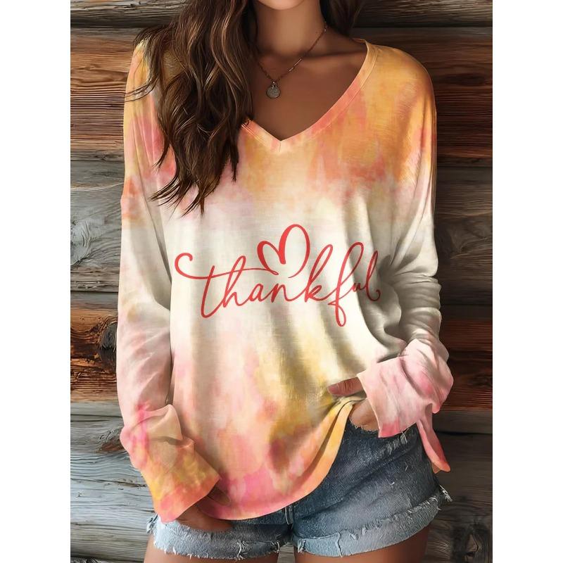 Halloween Pumpkin Ghost Print 3D Graphic Long Sleeve T-Shirt Casual V-Neck Top Polyester Breathable Women's Fashion Apparel