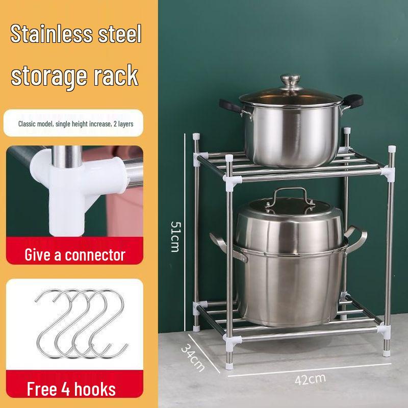 Thick Stainless Steel Multi-Layer Kitchen Pot Rack - Floor-Standing & Multi-Functional Storage Shelf
