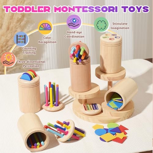 AMFUN Montessori Toys for 1-3 Year Olds, Wooden Shape Sorter & Stacking Toy, Color Sorting Learning Game for Toddlers
