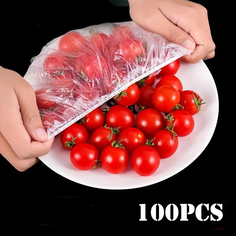 

100pcs Disposable Food Cover Plastic Food Bag Elastic Wrap Food Lid Bowl Dish Covers Shower Headgear Cap Kitchen Accessories светло-желтого